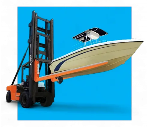 Orange and black forklift with cream and navy speedboat suspended in orange cradle against bright blue background