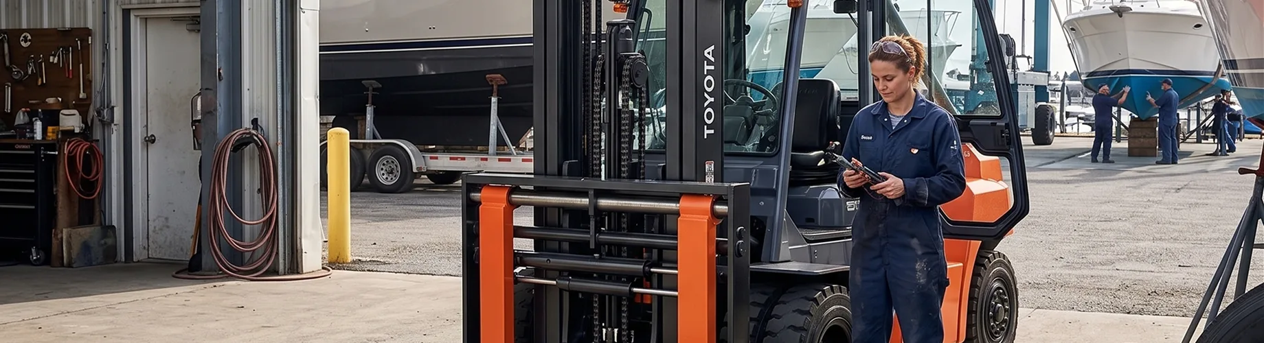 Female technician in blue uniform operating Toyota forklift with orange accents at marina dock with coiled rope and vessels