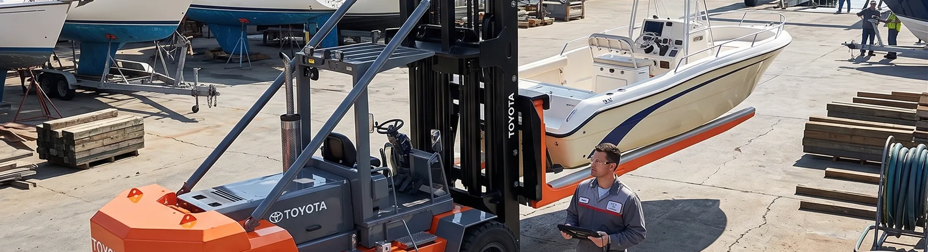 Toyota forklift transporting center console boat in outdoor marine yard, technician with tablet nearby